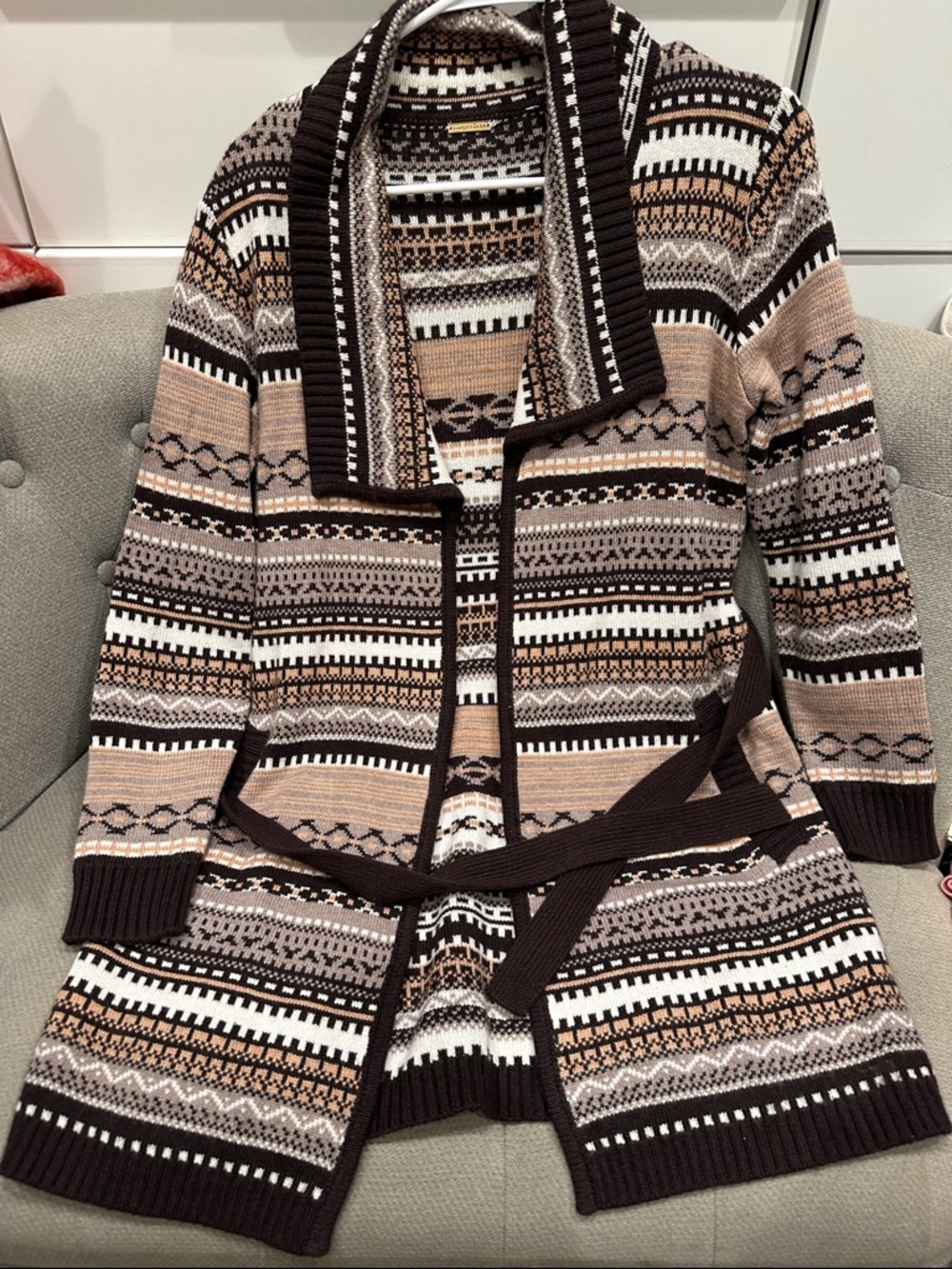 Magaschoni Brown & Cream Knit Cardigan with Shawl Collar